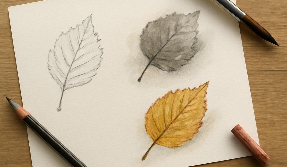 Three small studies of a leaf in pencil, ink wash, and coloured pencil on a page