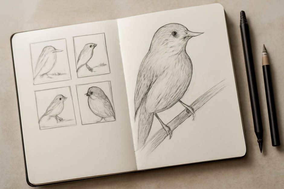 Sketchbook open to several small thumbnail bird sketches and one larger gesture study