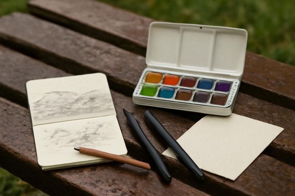 A small sketchbook and compact paint set on a damp wooden bench