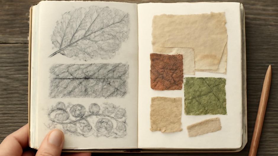 Close-up of a journal page with rubbings and small paper collage