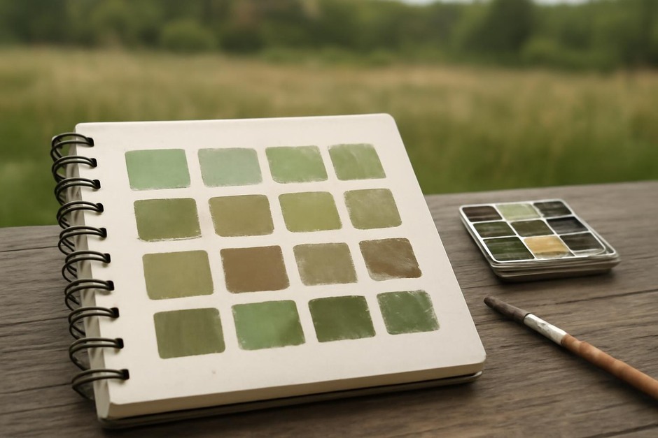 A sketchbook page with small painted swatches showing seasonal greens and browns