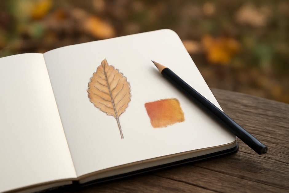 Open sketchbook with a quick leaf study and a small coloured patch capturing autumn hue