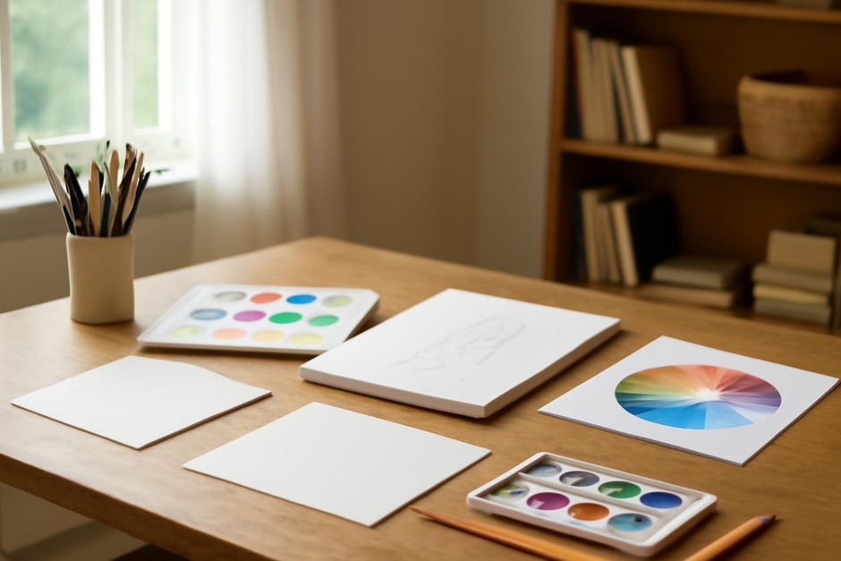 Abstract art desk with color swatches, brush marks, and sketchbook studies.