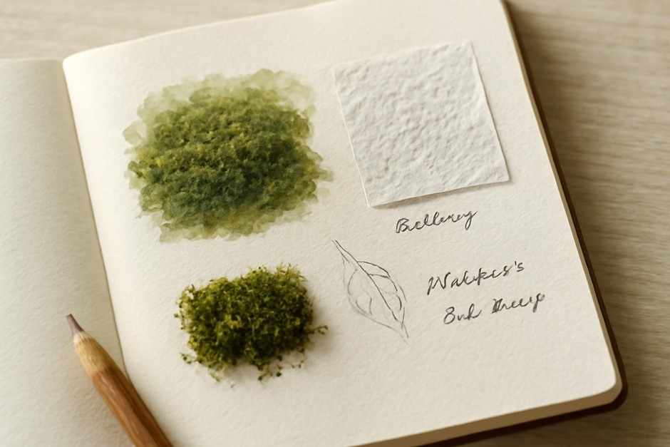 A journal page showing a tonal moss study, a small rubbing, and notes on moisture