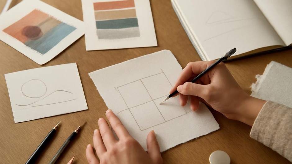 Bright studio image with paint textures, paper layers, and geometric color blocks.