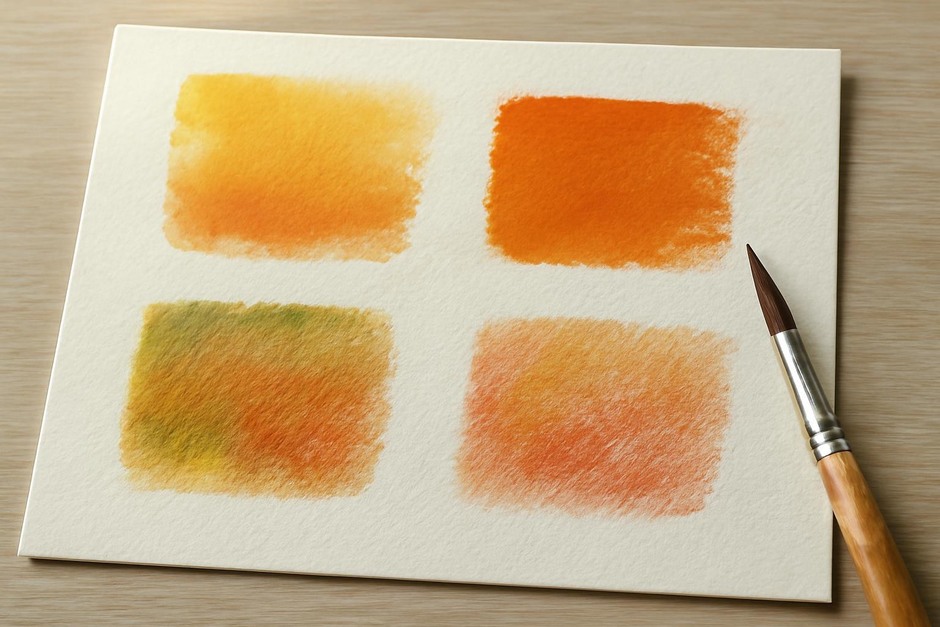 Four swatches on paper showing watercolor glaze, gouache, colored pencil layers, and soft pastel